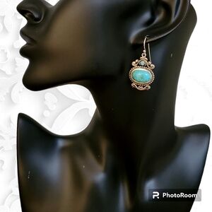 NK Sterling Silver Turquoise Ornate Victorian Regency Dangle Hook Earrings